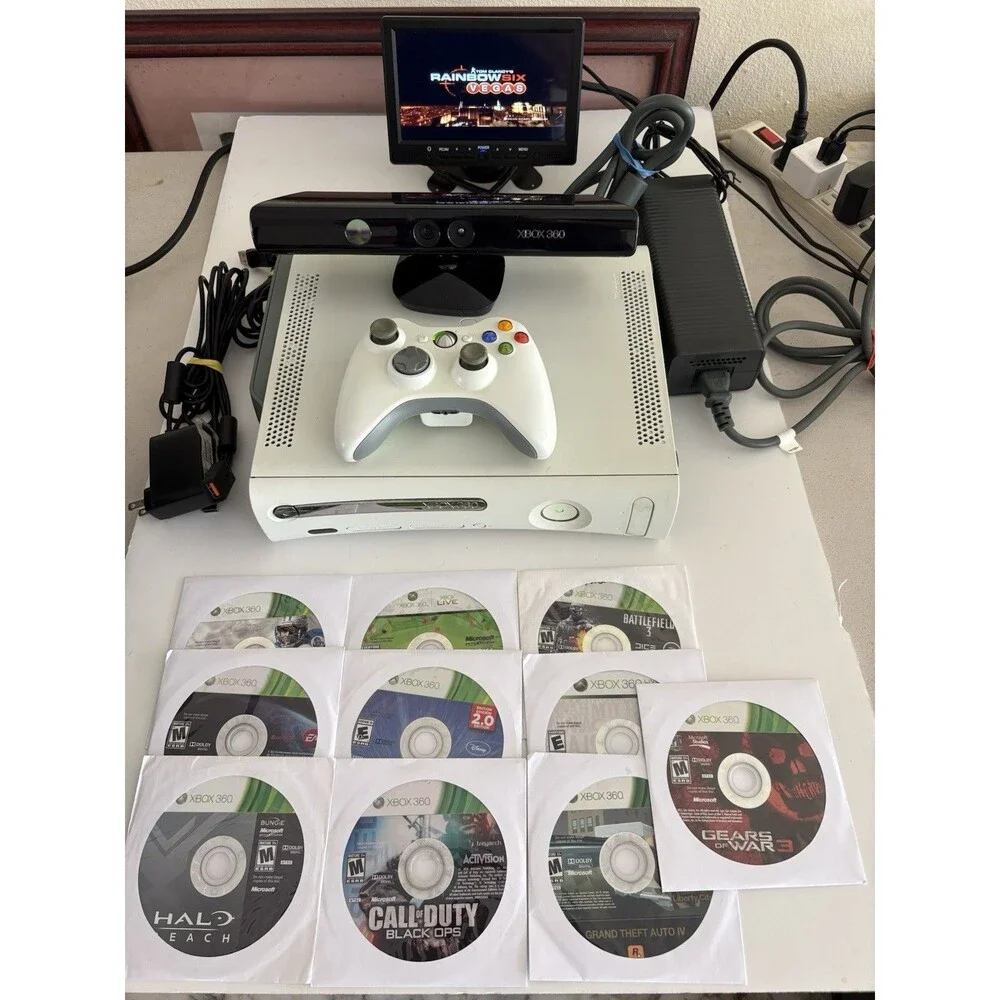 Xbox 360 White Console Bundle Kinect Controller 10 Games HDD Tested Working HDMI